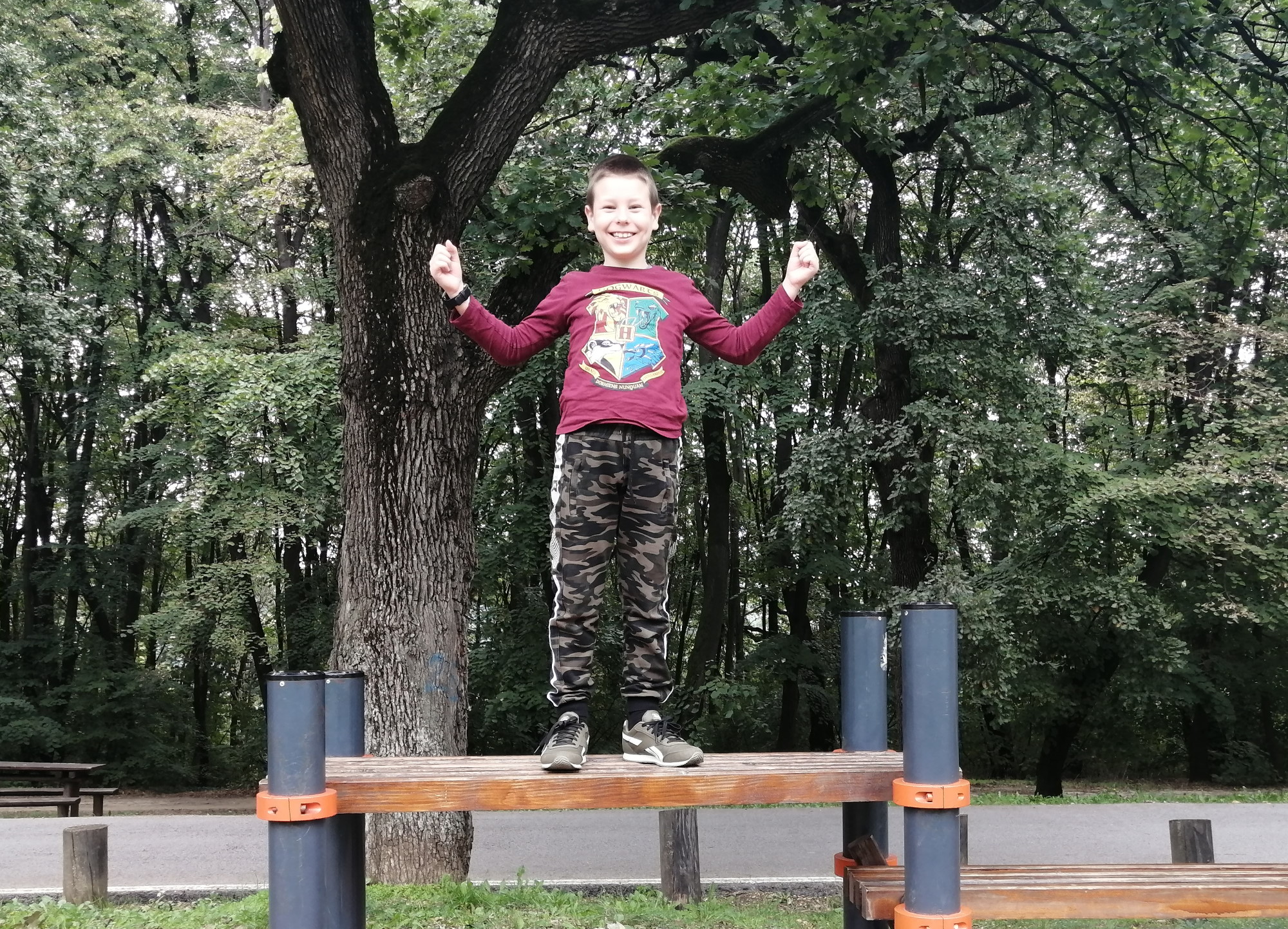 Happy child on a podium, the forest is behind.